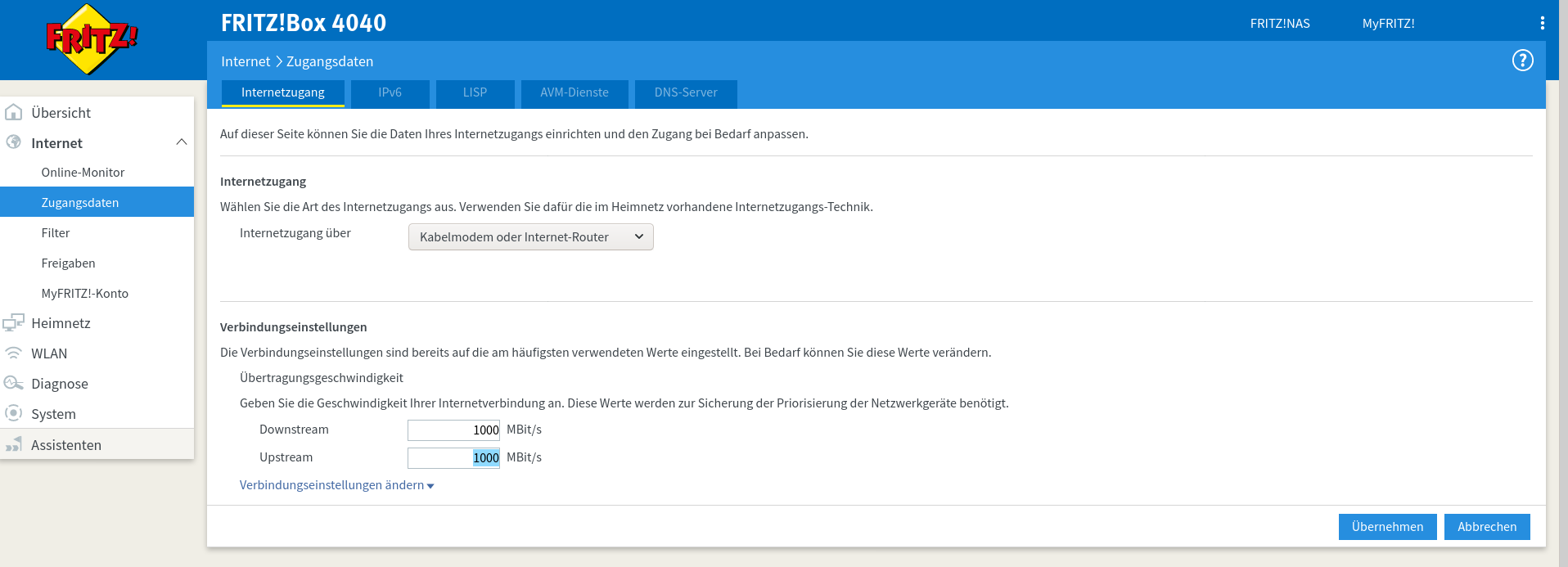 Fritz!Box 4040 QoS Bandbreite jeweils 1000