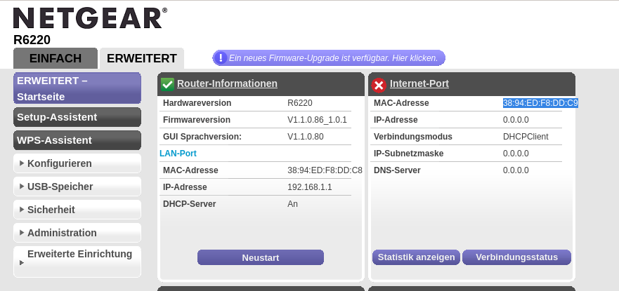 WAN MAC Adresse in den Einstellungen des Netgear AC1200